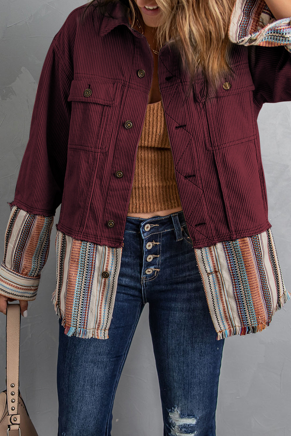 Striped Frayed Hem Corduroy Jacket