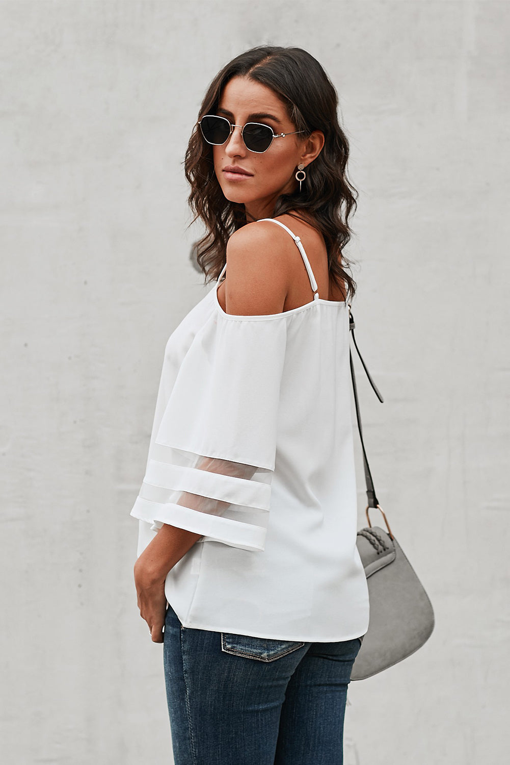 Cold-Shoulder Three-Quarter Flare Sleeve Blouse