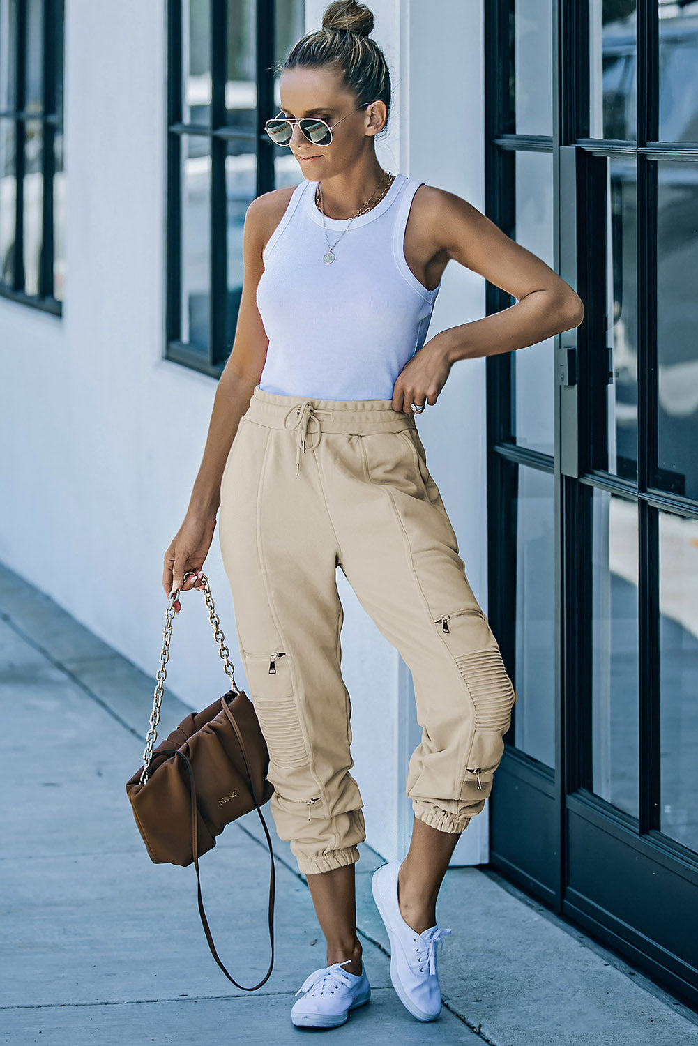 Drawstring Waist Zip Detail Joggers with Pockets