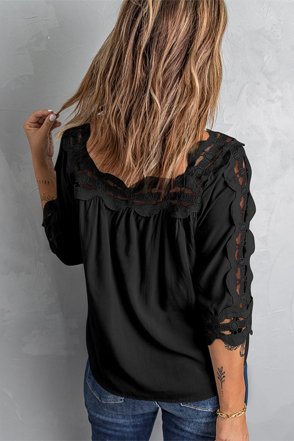 Crochet Openwork Three-Quarter Sleeve Blouse