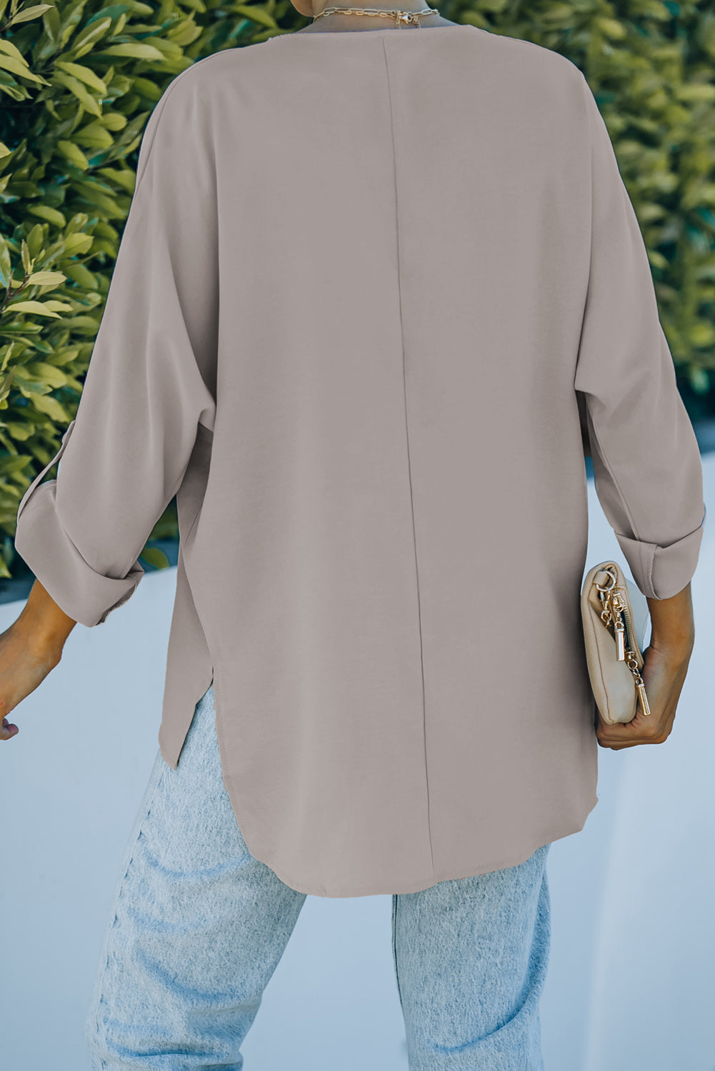 V-Neck Roll-Tab Sleeve Blouse