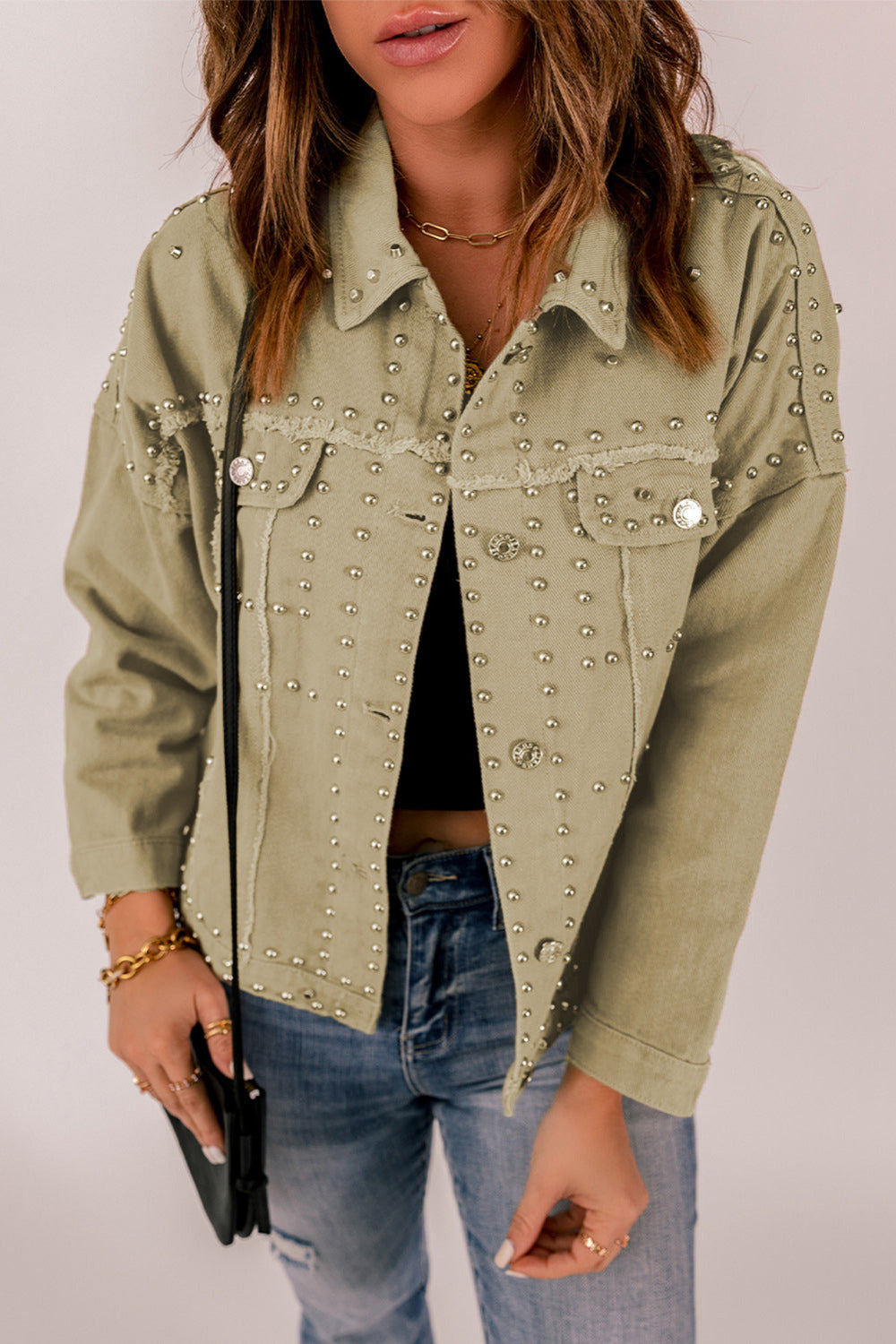 Frayed Trim Rivet Denim Jacket