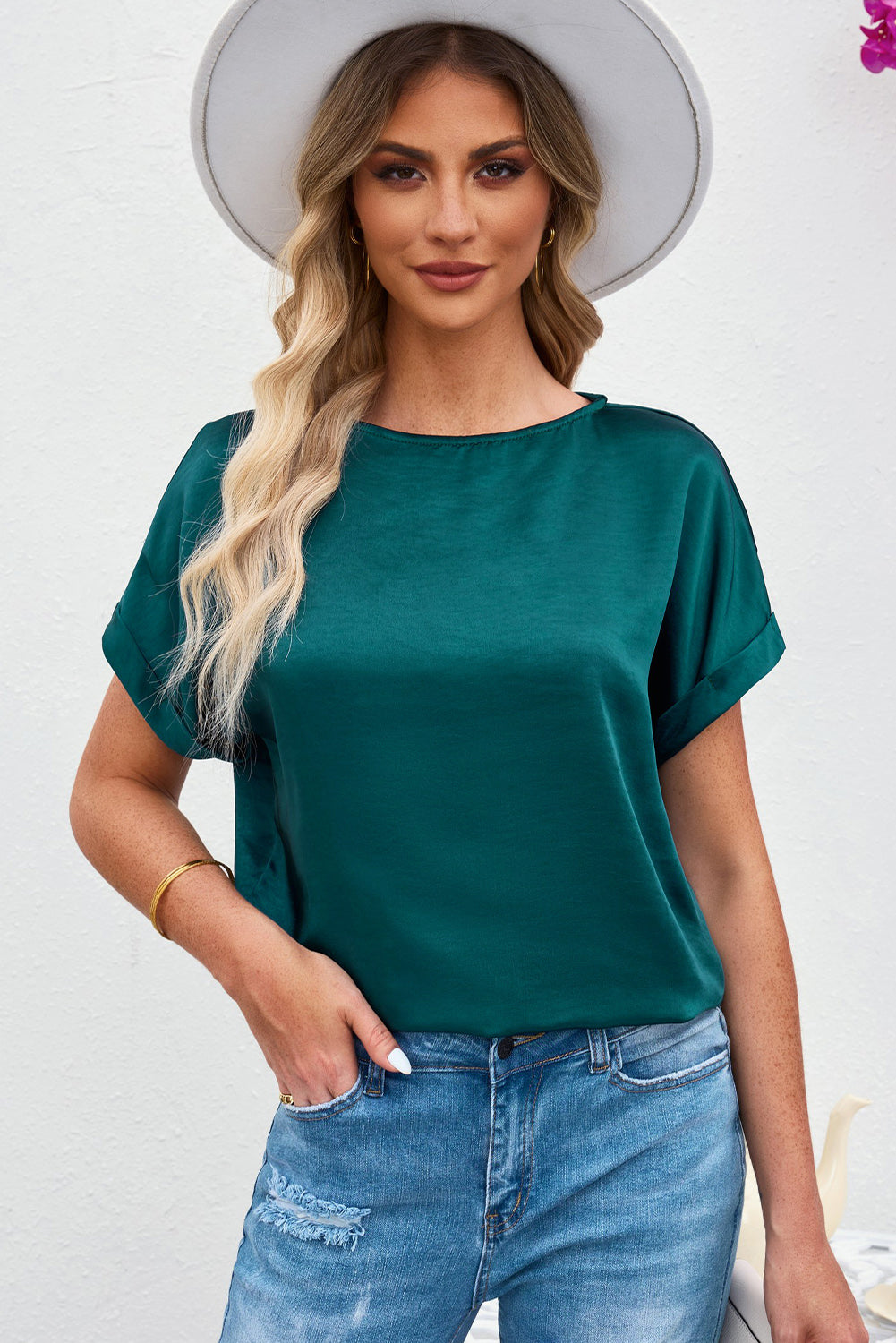 Round Neck Cuffed Sleeve Top