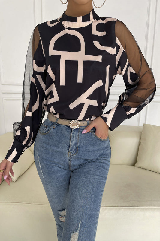 Letter Print Spliced Mesh Sleeve Blouse