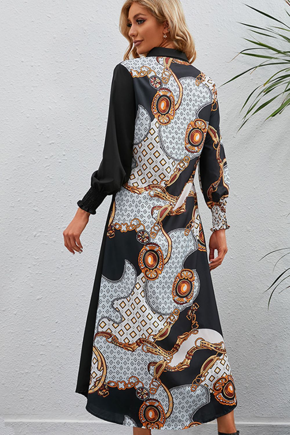 Printed Long Sleeve Collared Dress