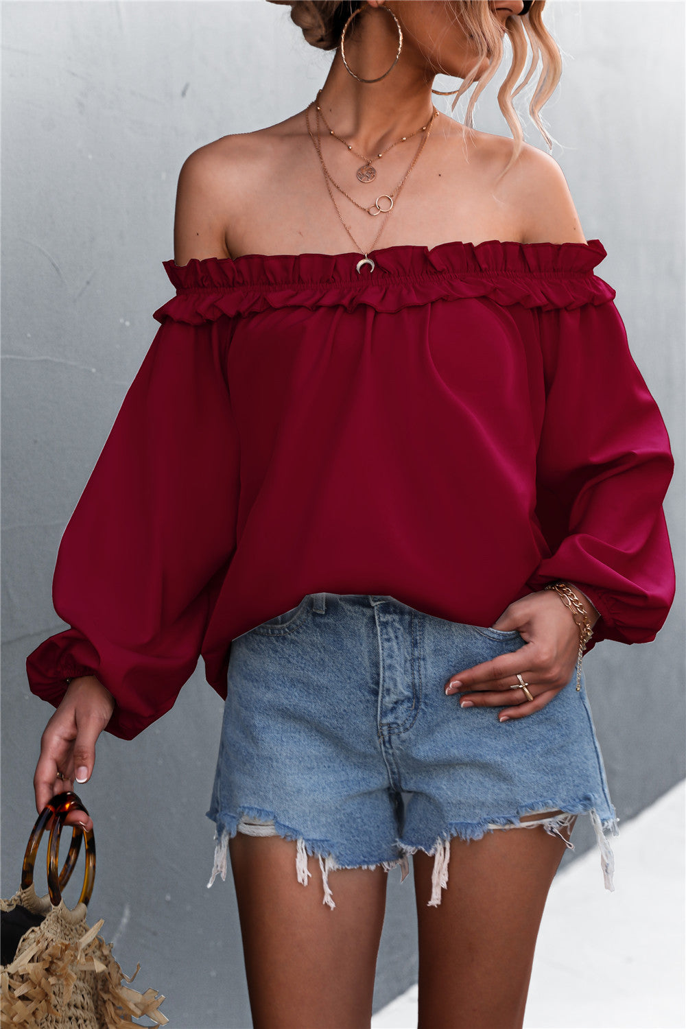 Frill Trim Off-Shoulder Balloon Sleeve Top